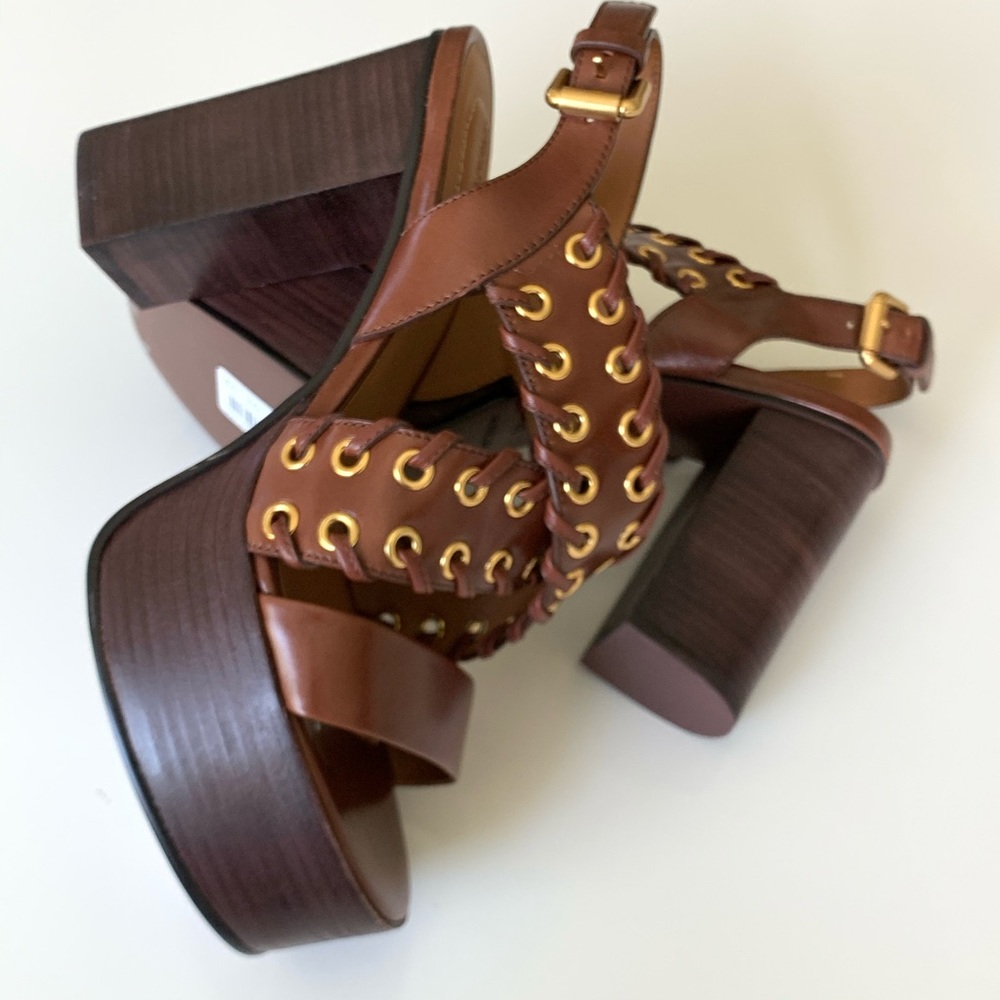 See By Chloe Brown Leather Platform Sandal with Gold Eyelet Details - Picture 4 of 7